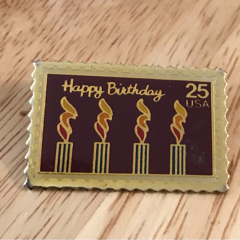 Happy Birthday.  25 cent 1988 metal stamp  enameled